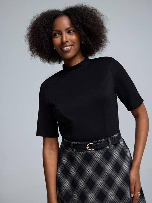 2-Fer Mock Neck Plaid Midi Dress