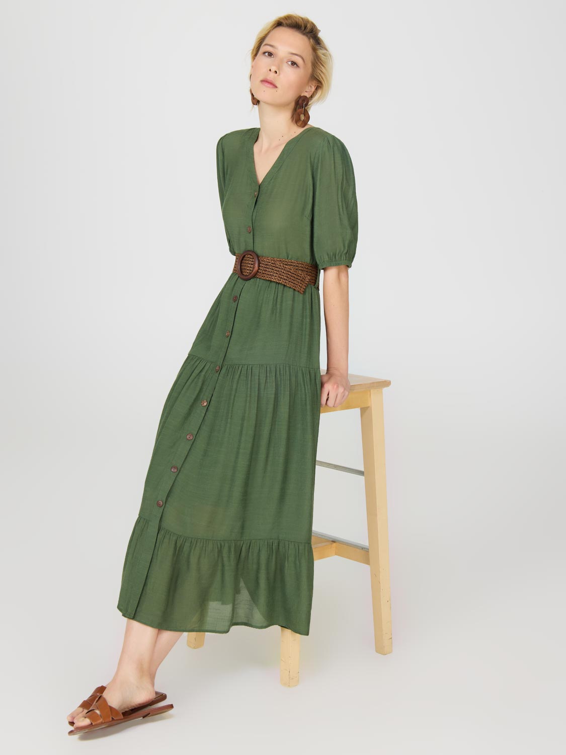 Short Balloon Sleeve Tiered Maxi Dress