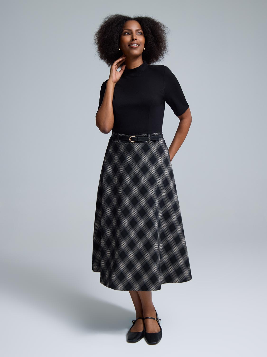 2-Fer Mock Neck Plaid Midi Dress