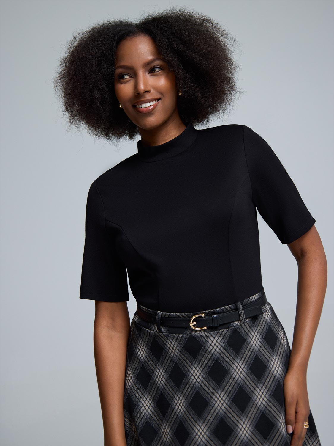 2-Fer Mock Neck Plaid Midi Dress