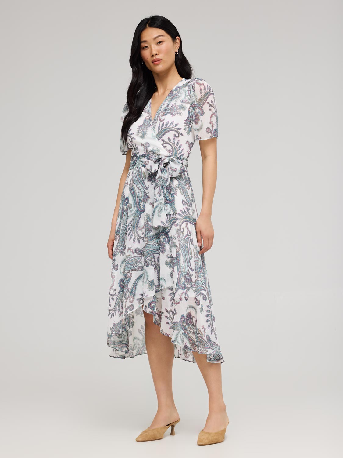 Paisley Print Cross-Front High-Low Midi Dress