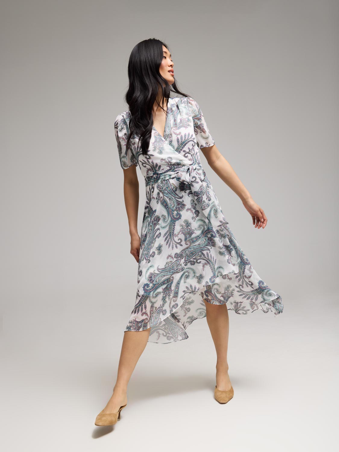 Paisley Print Cross-Front High-Low Midi Dress