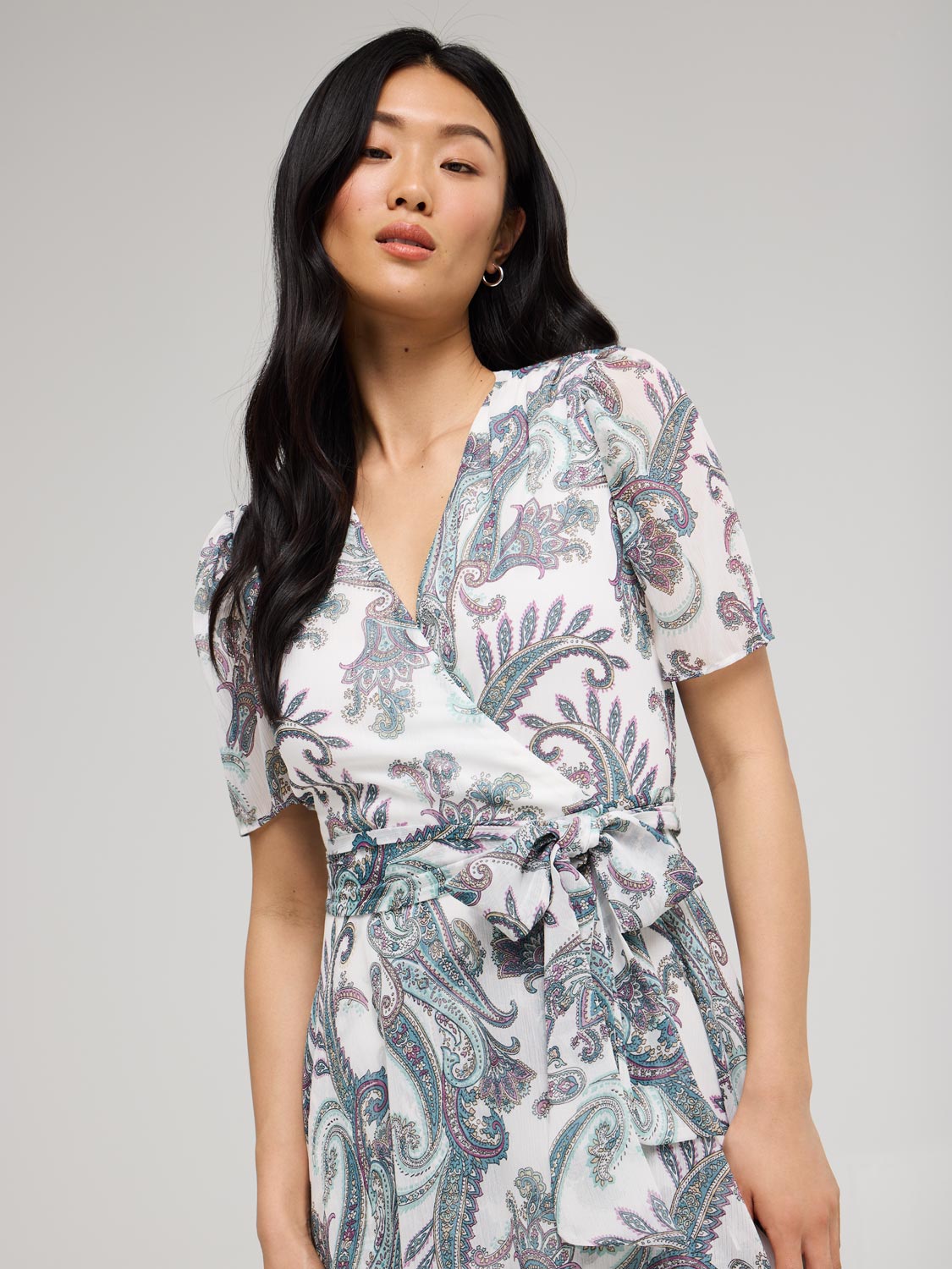 Paisley Print Cross-Front High-Low Midi Dress