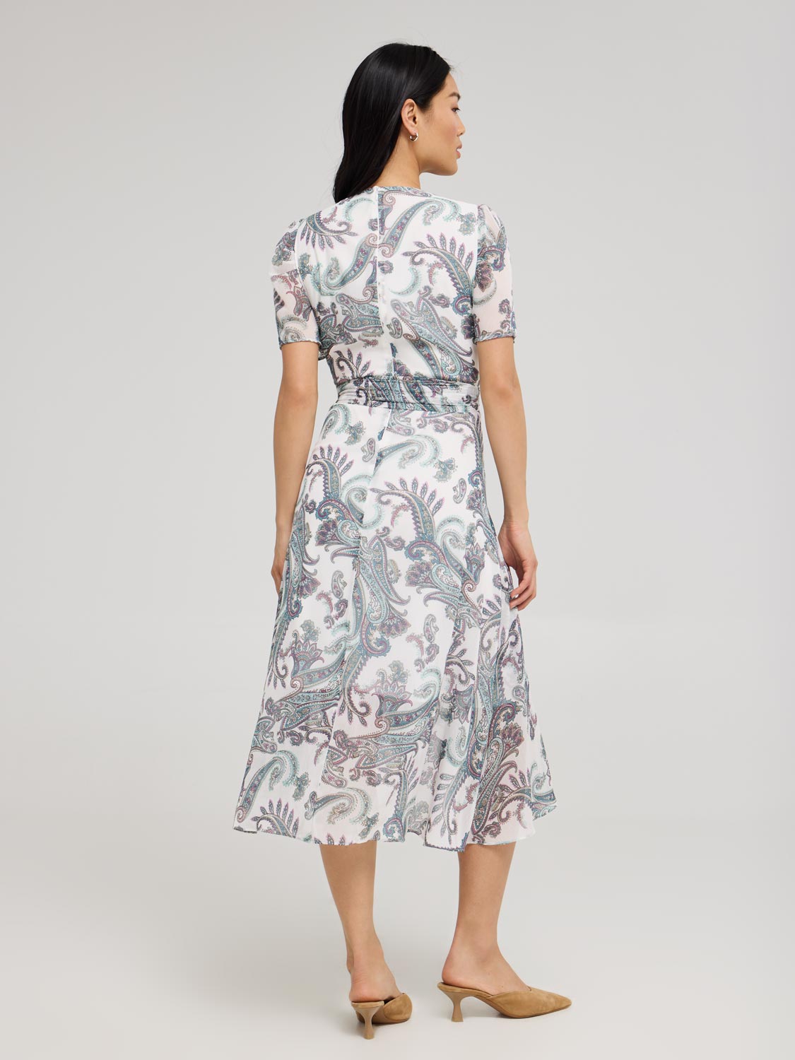 Paisley Print Cross-Front High-Low Midi Dress