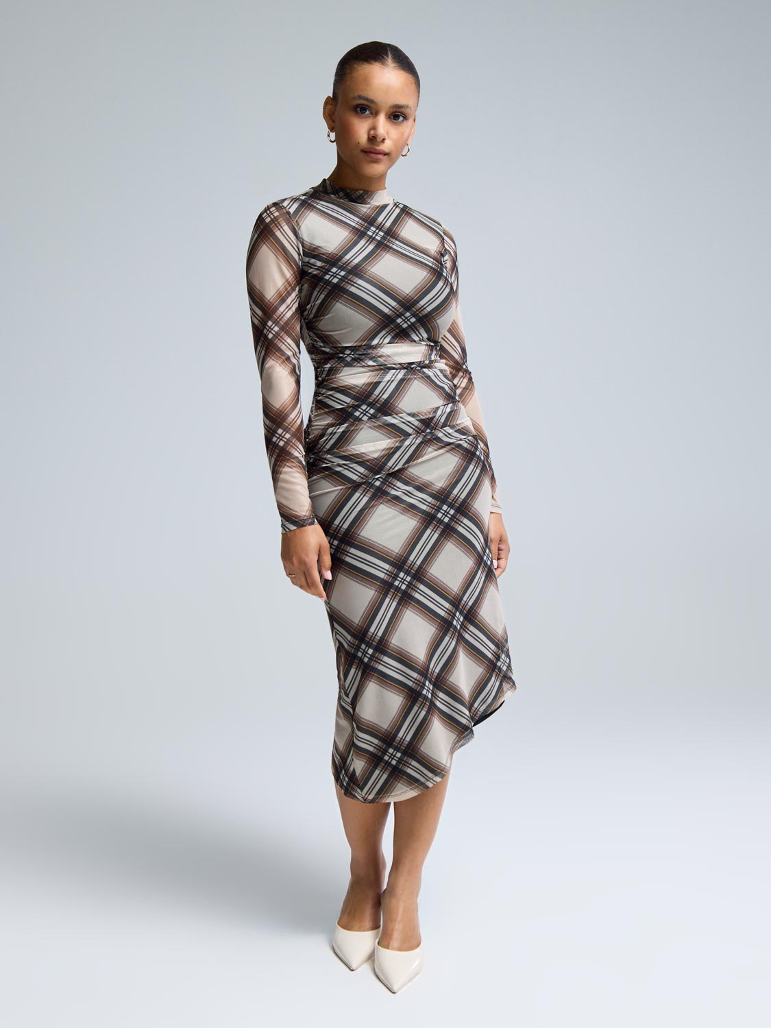 Mock Neck Plaid Midi Dress