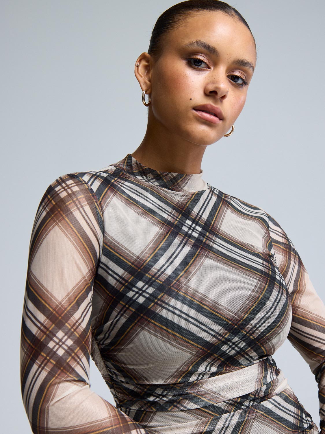 Mock Neck Plaid Midi Dress