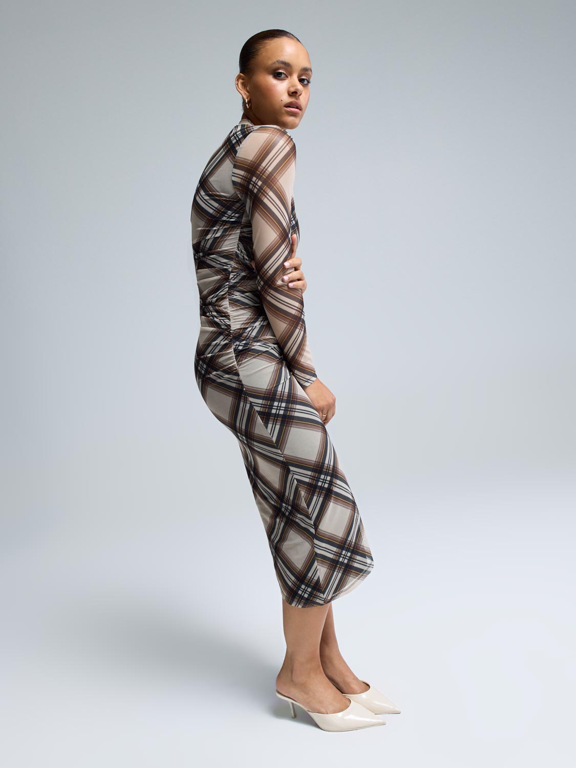 Mock Neck Plaid Midi Dress