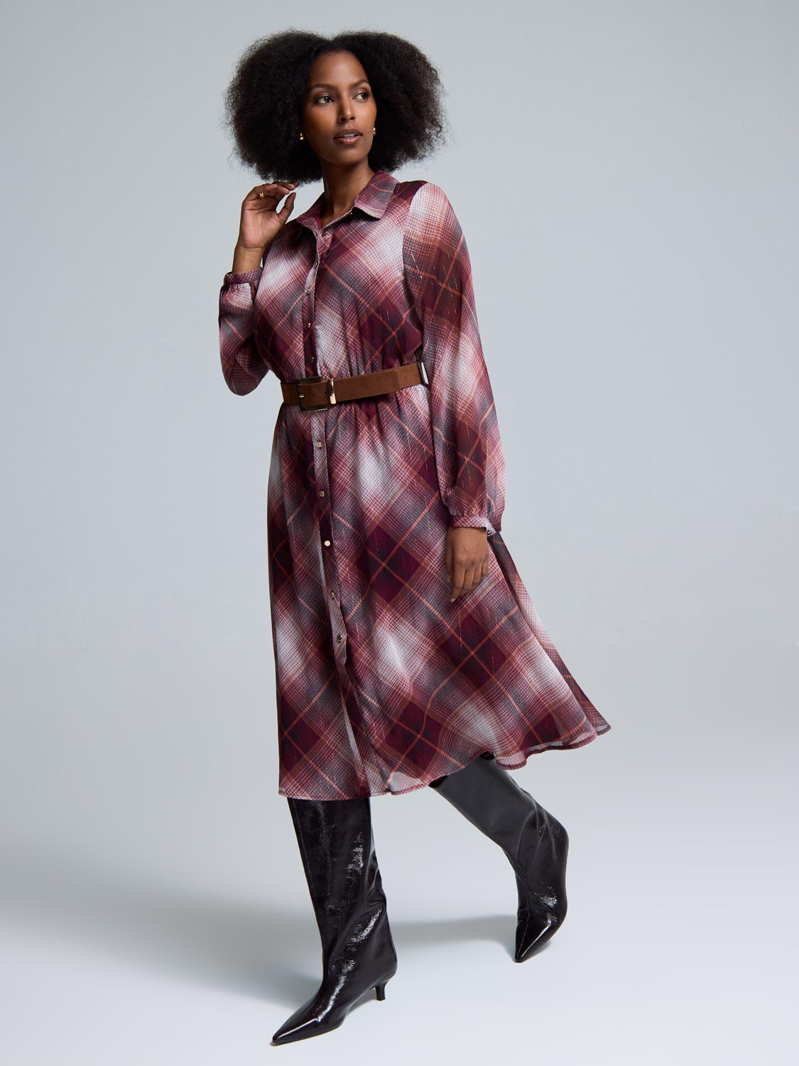 Metallic Plaid Midi Shirt Dress