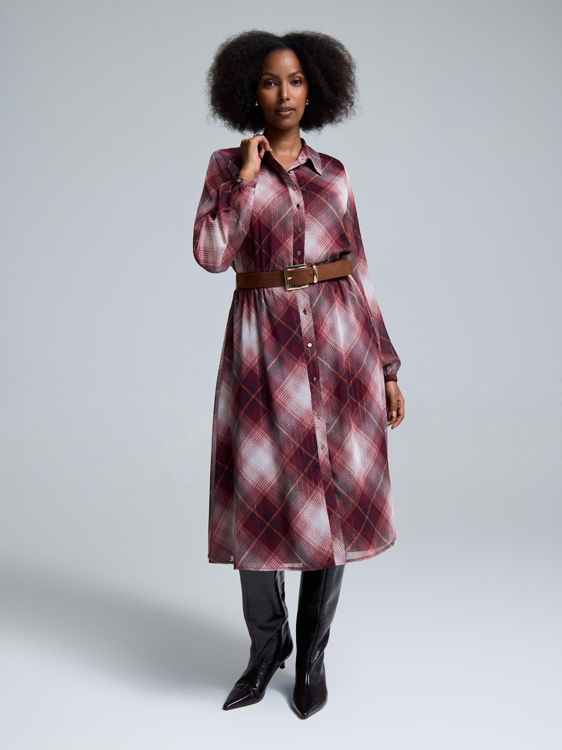 Metallic Plaid Midi Shirt Dress