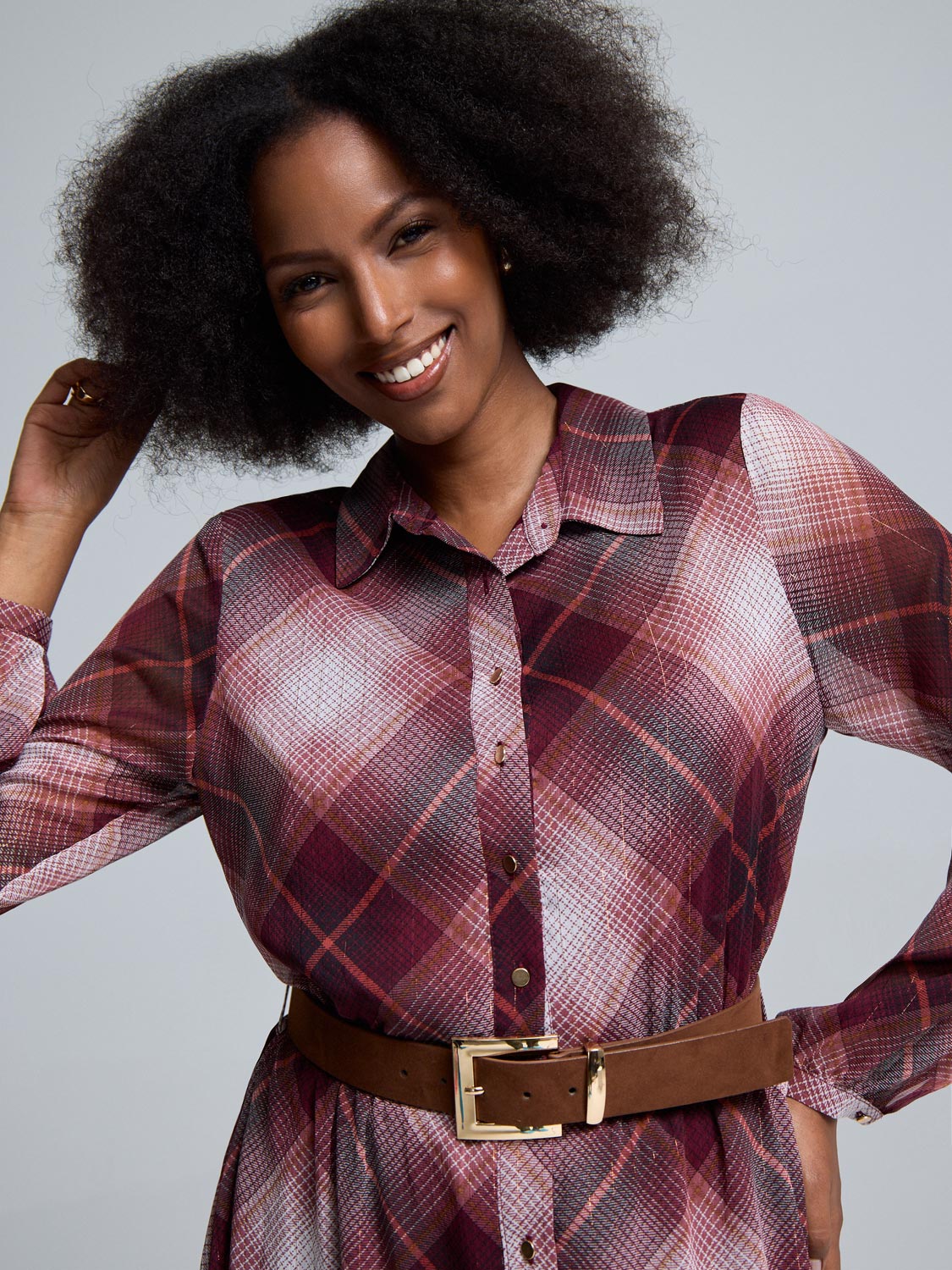 Metallic Plaid Midi Shirt Dress