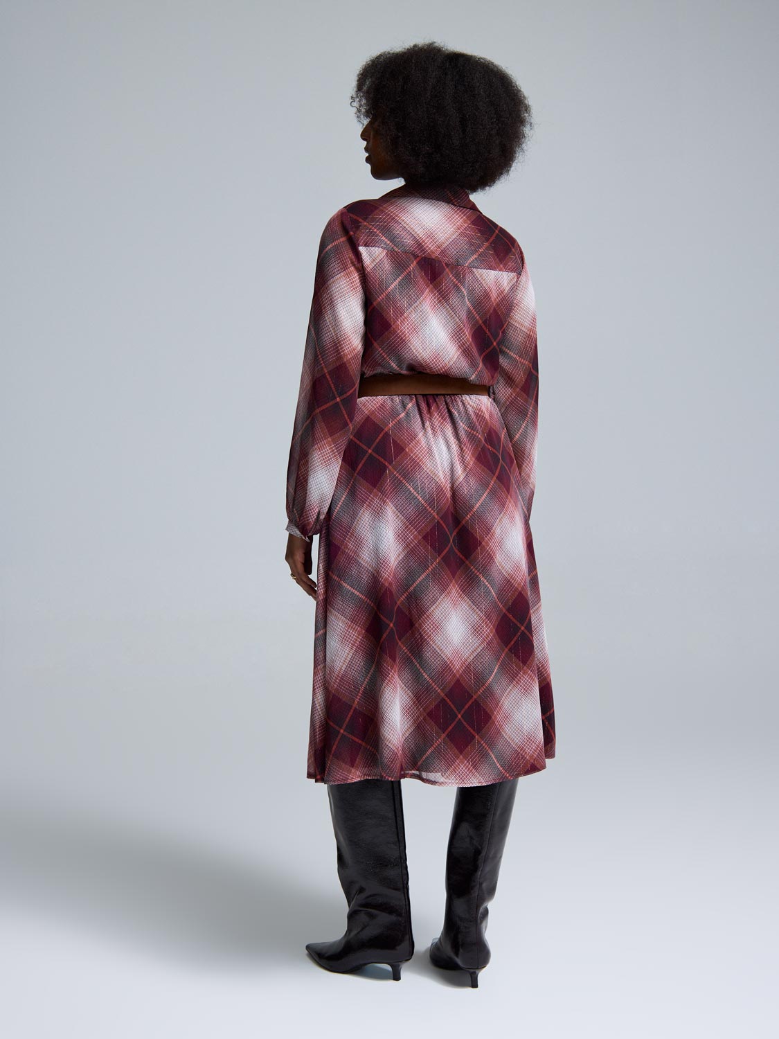 Metallic Plaid Midi Shirt Dress