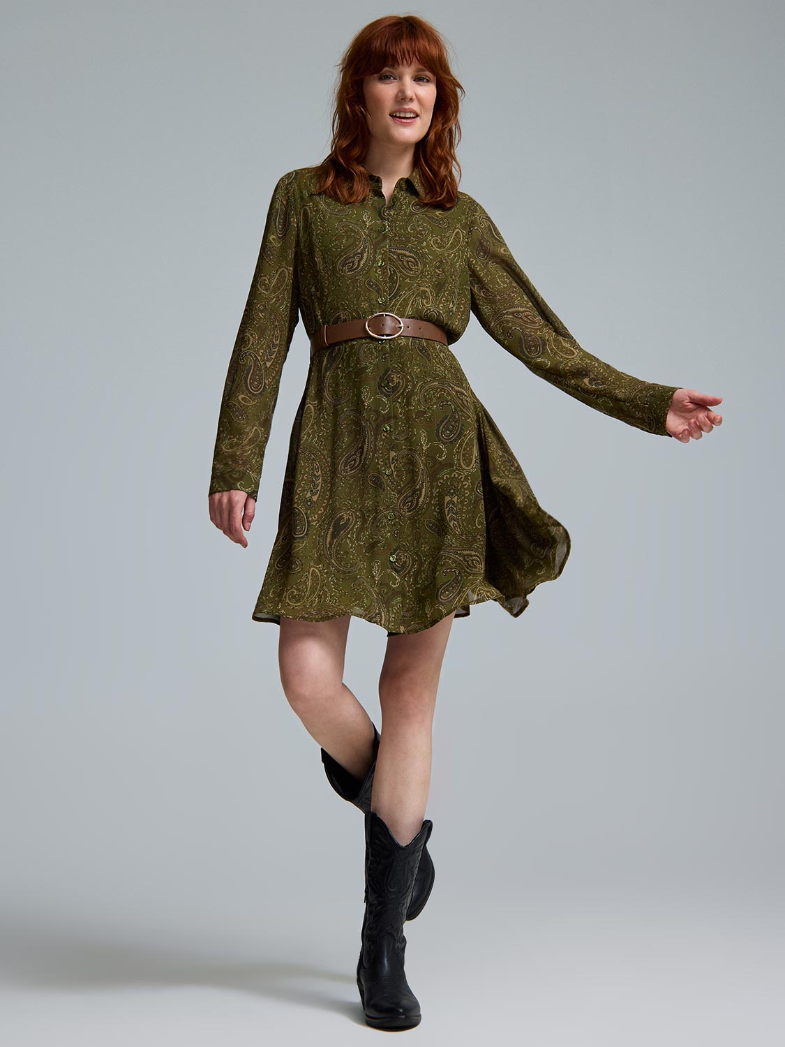 Paisley Print Chiffon Mini Shirt Dress