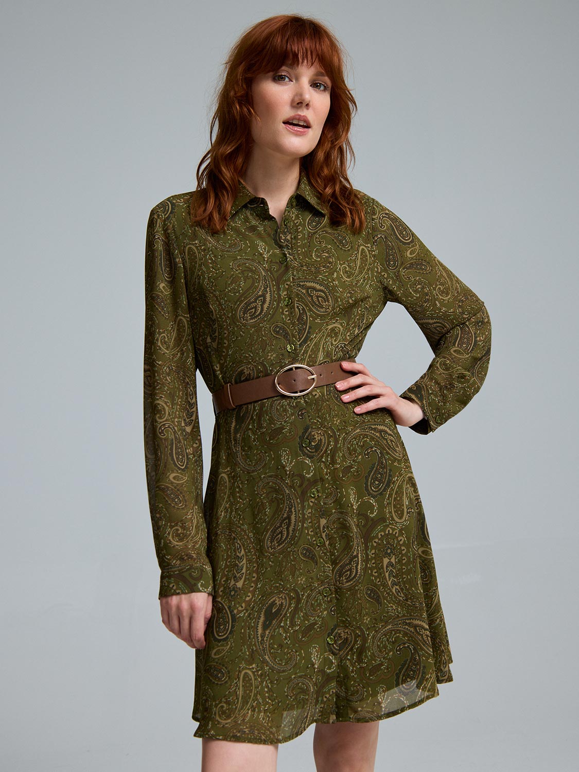 Paisley Print Chiffon Mini Shirt Dress
