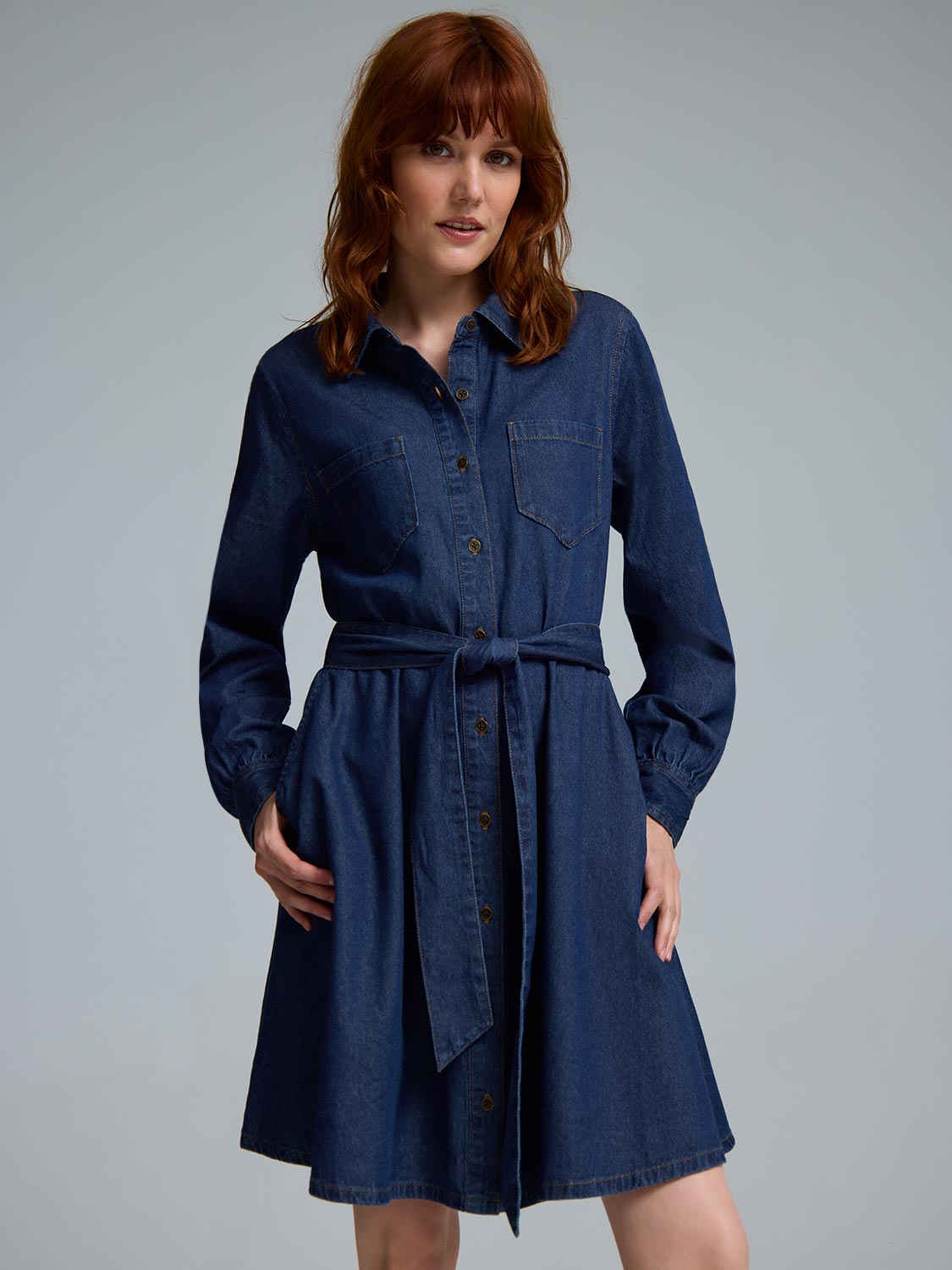 Cotton Denim Mini Shirt Dress