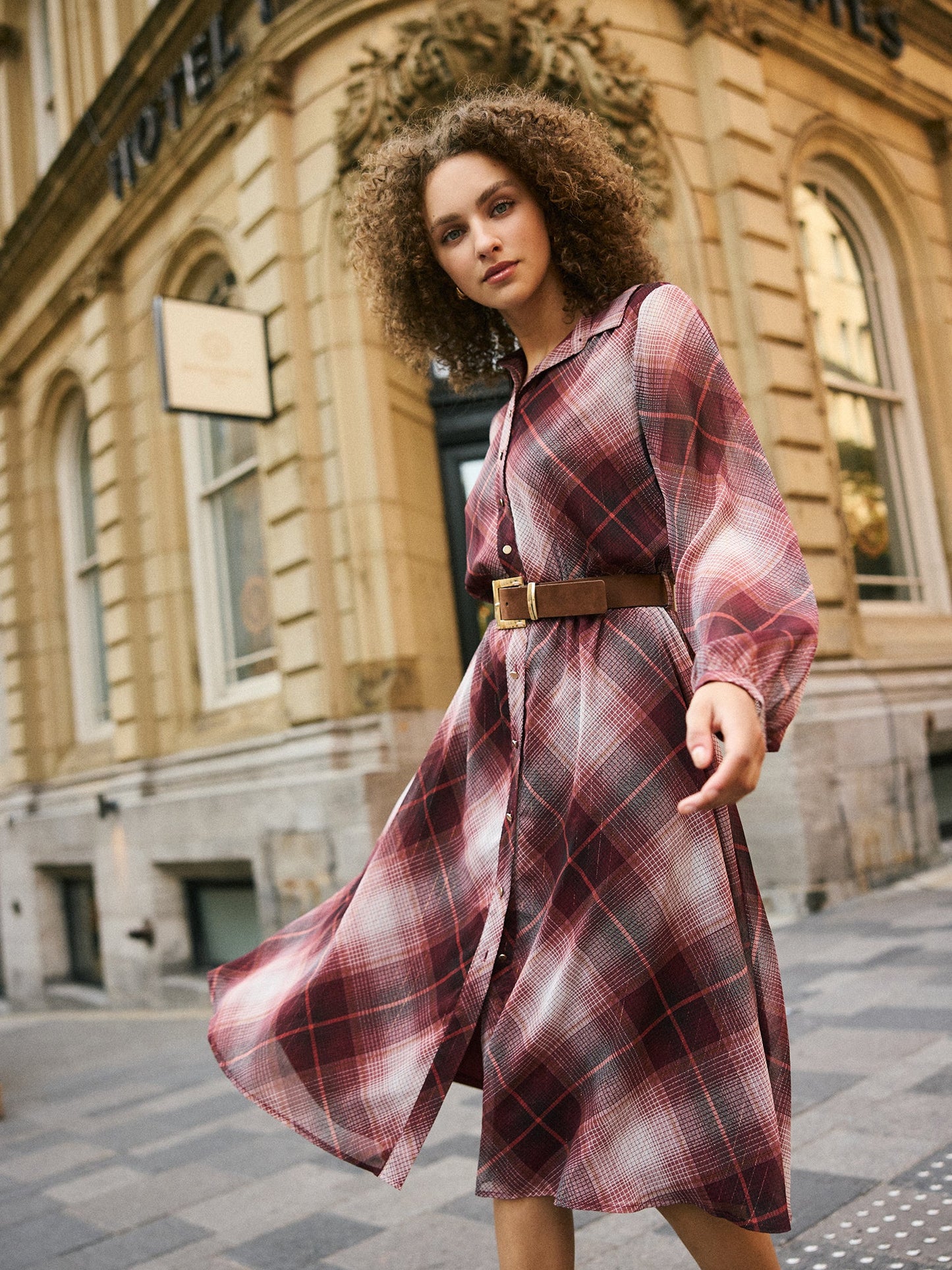 Metallic Plaid Midi Shirt Dress
