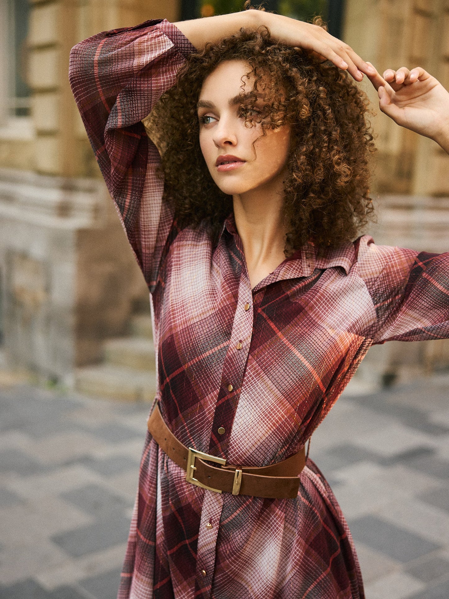 Metallic Plaid Midi Shirt Dress