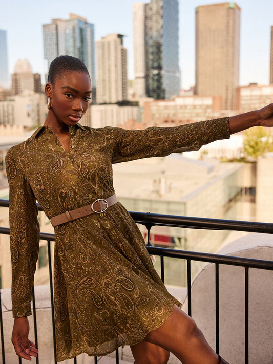 Paisley Print Chiffon Mini Shirt Dress